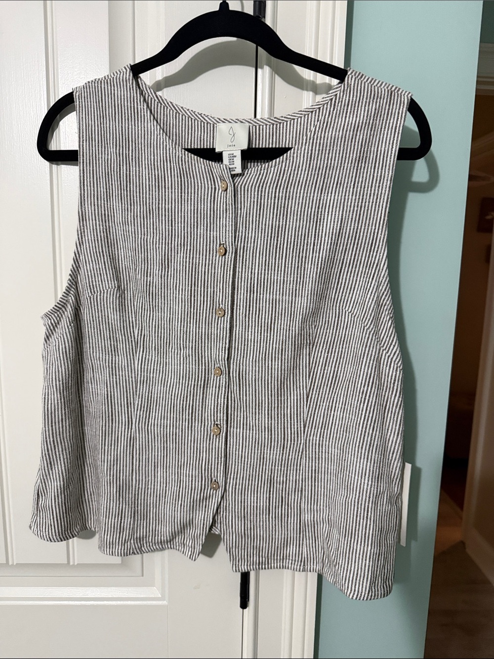 Joie Black and White Vertical Stripe Button Tank
